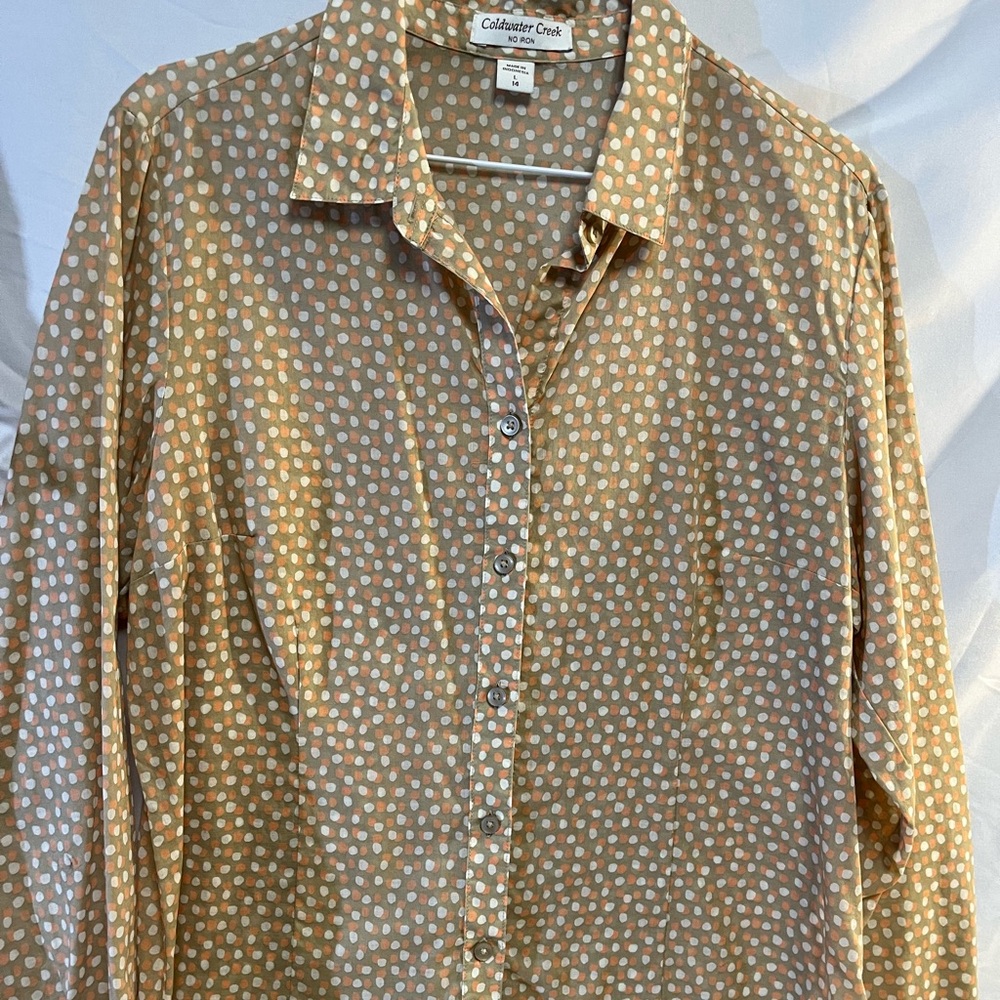 Coldwater Creek Beige and Orange Polka Dot Blouse
